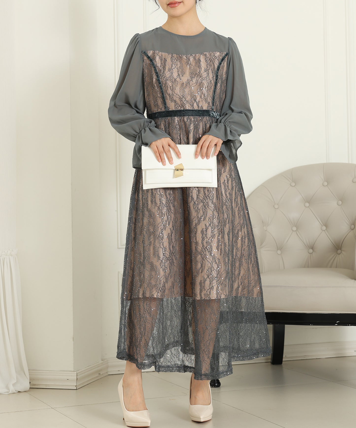 レース スパンコール ドッキング キャンディスリーブ ドレス