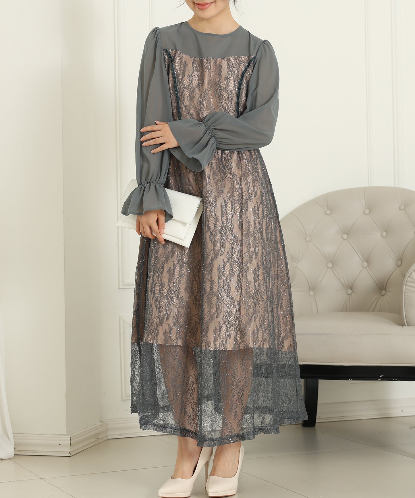 レース スパンコール ドッキング キャンディスリーブ ドレス