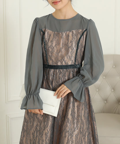 レース スパンコール ドッキング キャンディスリーブ ドレス