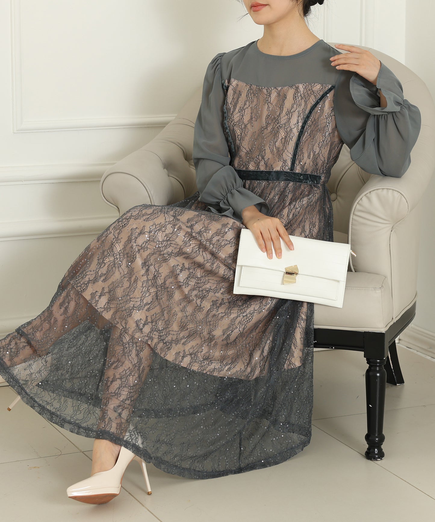 レース スパンコール ドッキング キャンディスリーブ ドレス