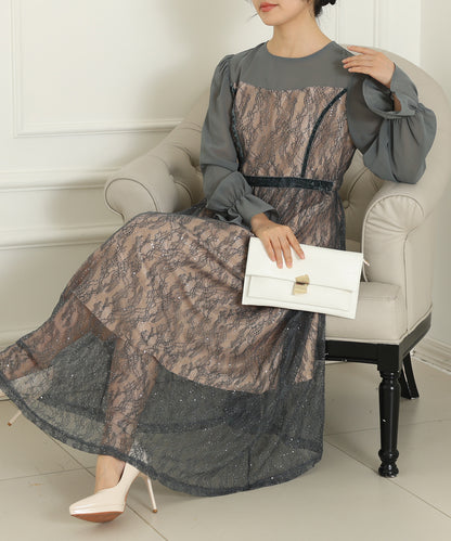 レース スパンコール ドッキング キャンディスリーブ ドレス