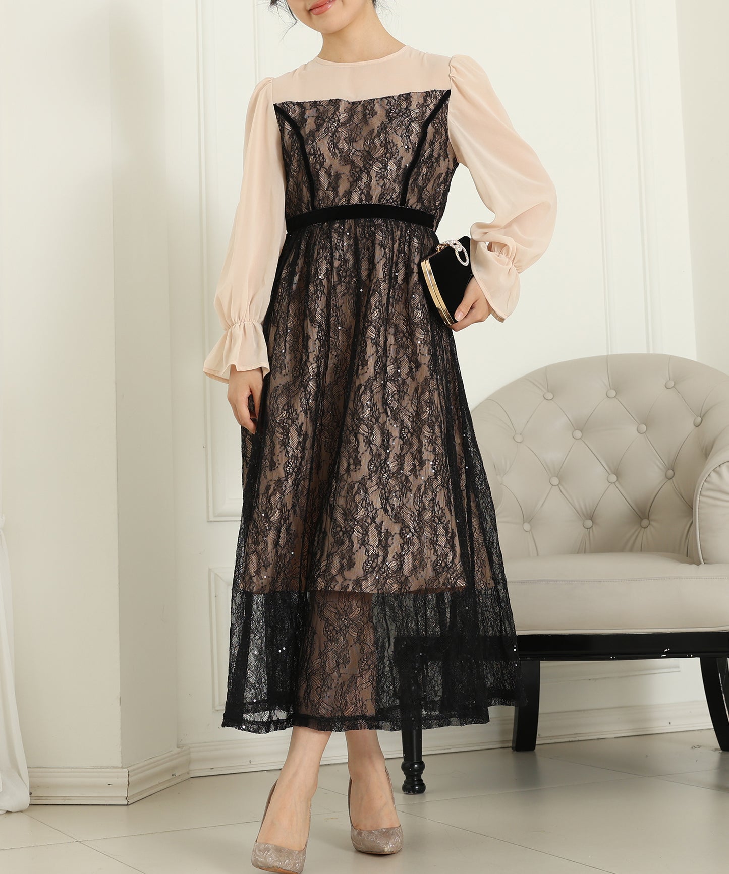 レース スパンコール ドッキング キャンディスリーブ ドレス