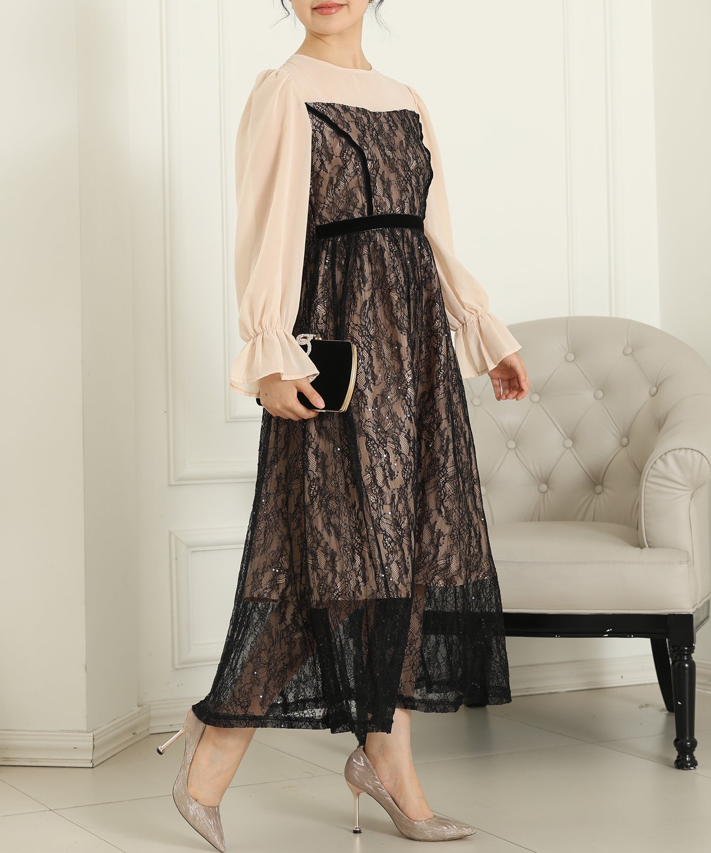 レース スパンコール ドッキング キャンディスリーブ ドレス