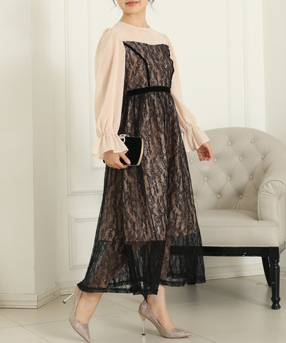 レース スパンコール ドッキング キャンディスリーブ ドレス