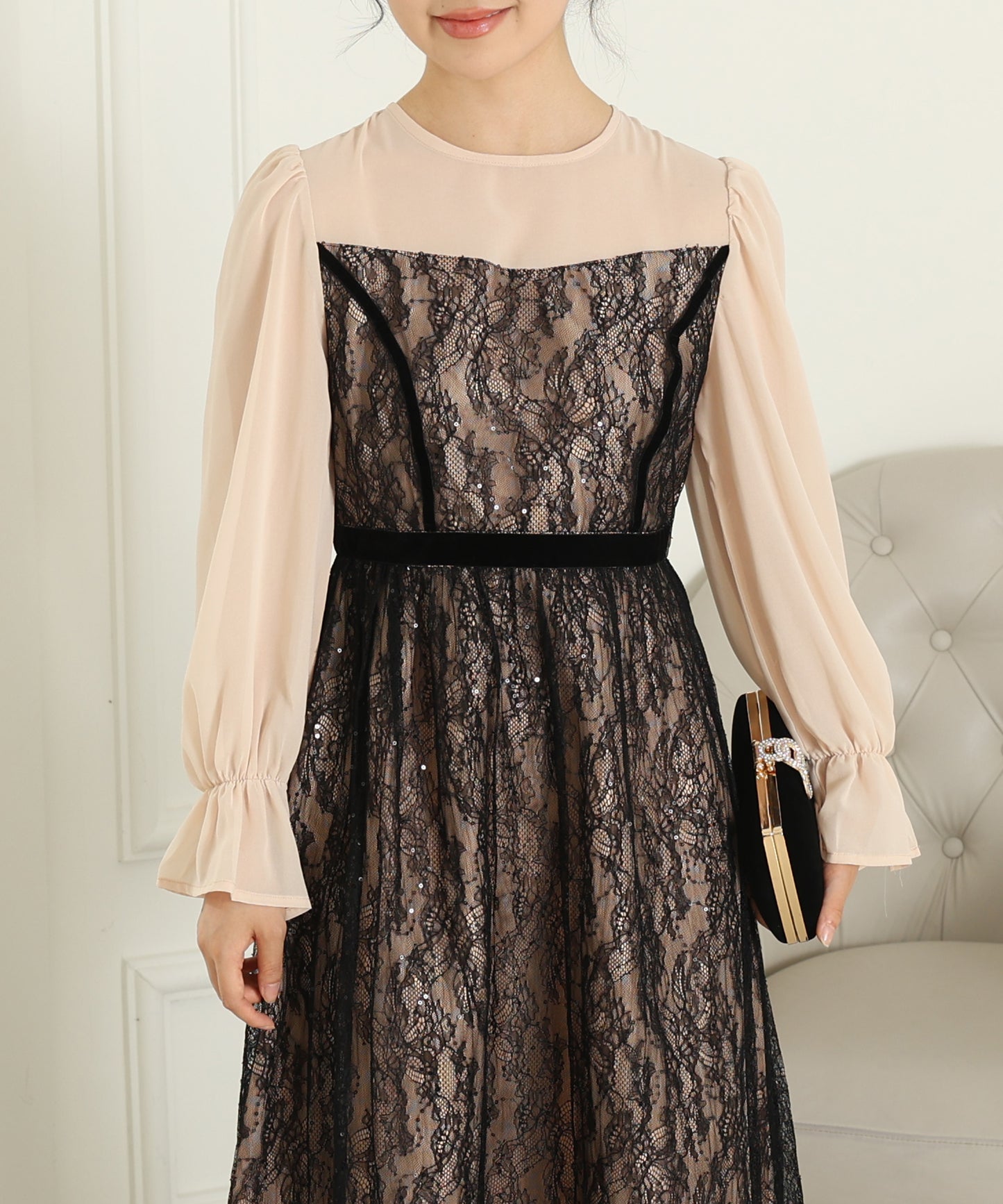 レース スパンコール ドッキング キャンディスリーブ ドレス