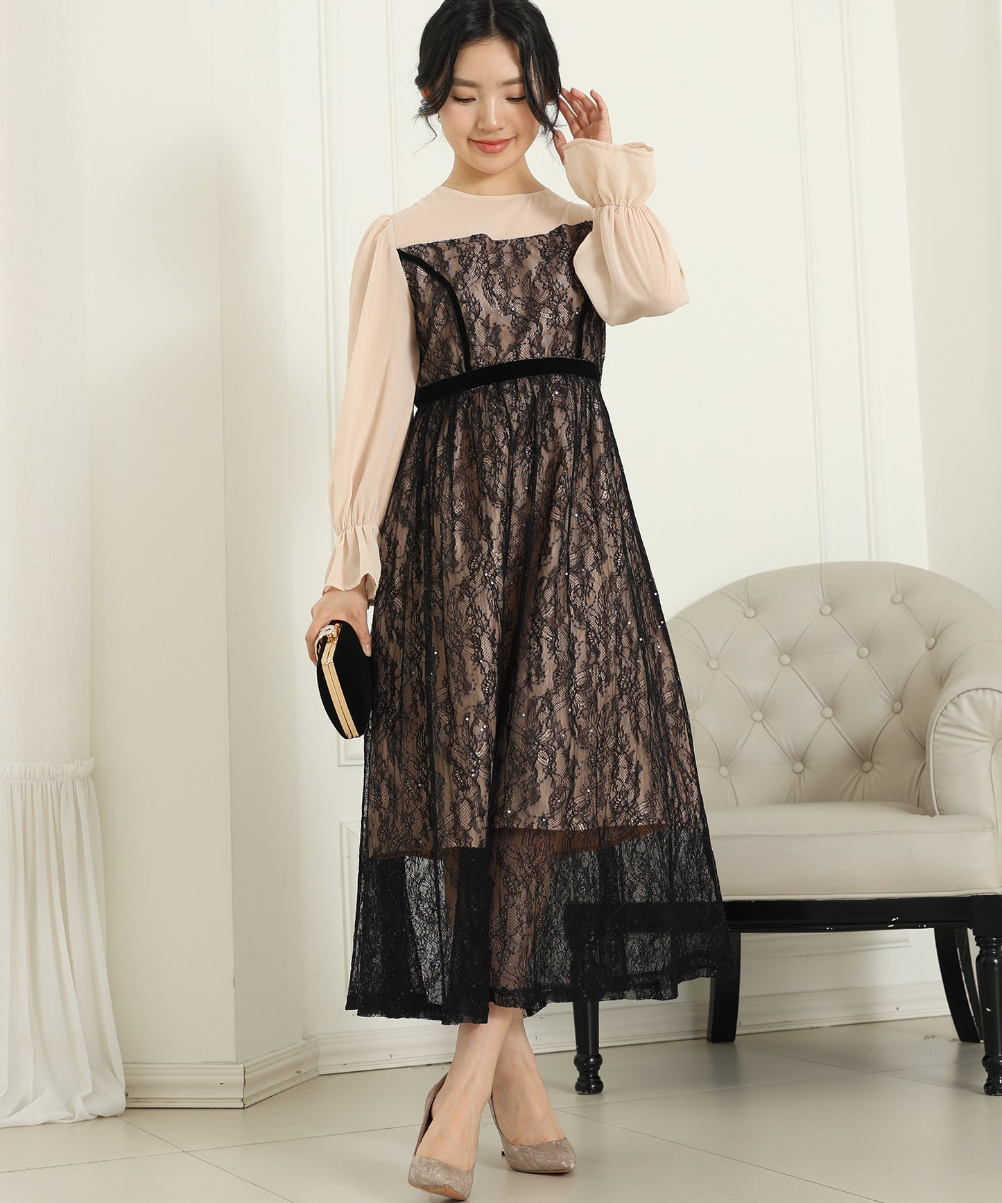 レース スパンコール ドッキング キャンディスリーブ ドレス