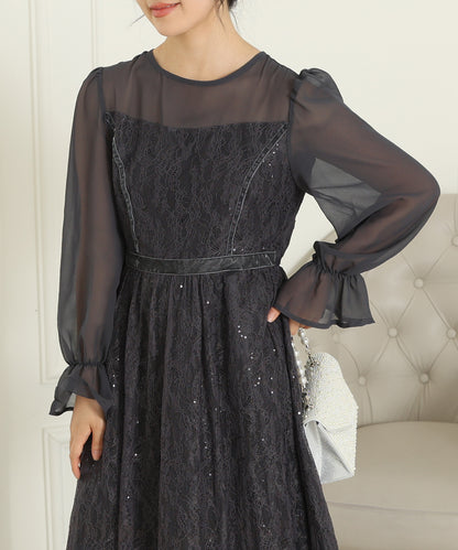 レース スパンコール ドッキング キャンディスリーブ ドレス