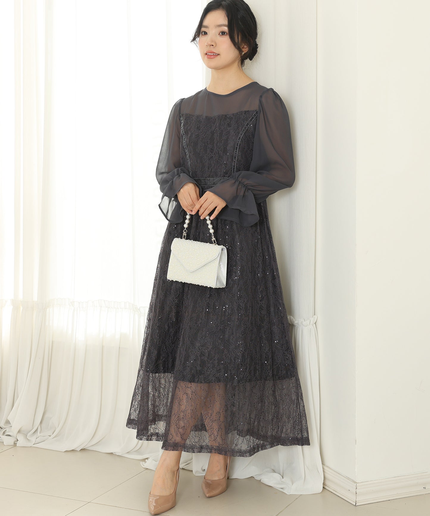 レース スパンコール ドッキング キャンディスリーブ ドレス