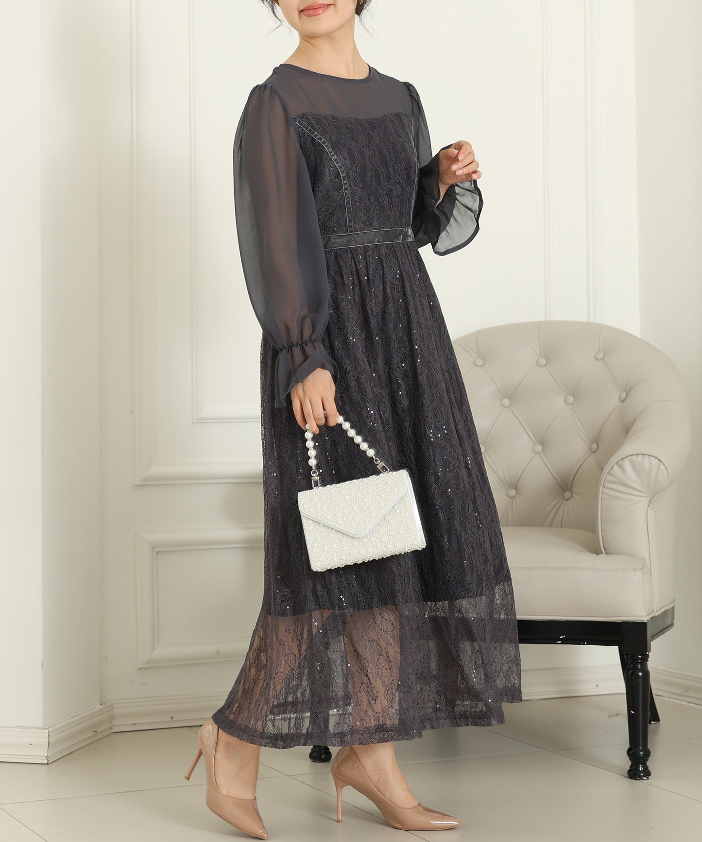 レース スパンコール ドッキング キャンディスリーブ ドレス