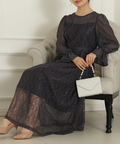 レース スパンコール ドッキング キャンディスリーブ ドレス