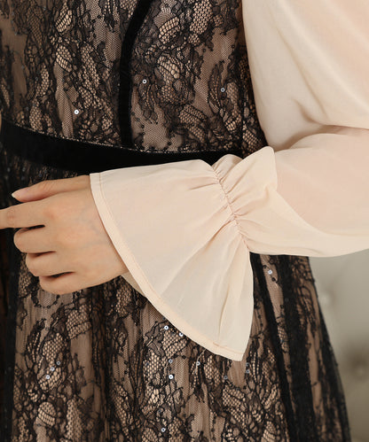 レース スパンコール ドッキング キャンディスリーブ ドレス