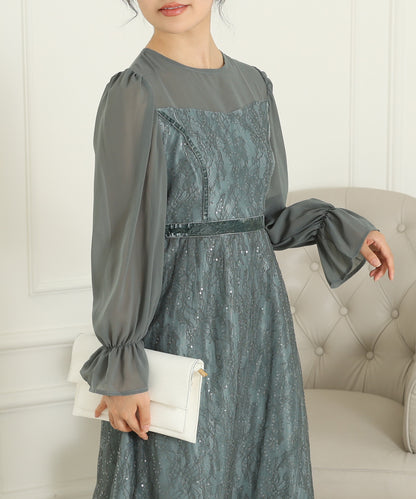 レース スパンコール ドッキング キャンディスリーブ ドレス