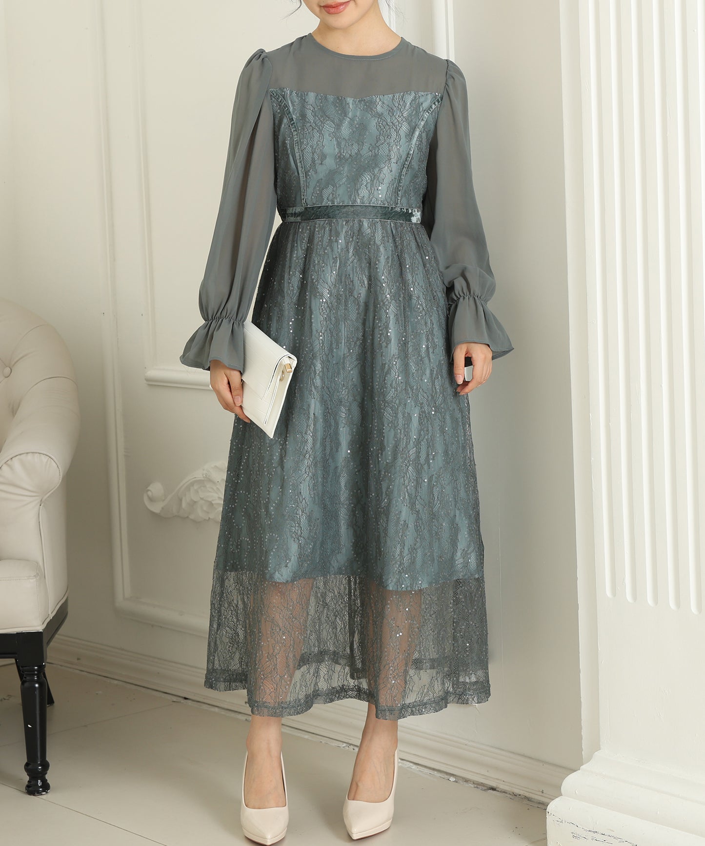 レース スパンコール ドッキング キャンディスリーブ ドレス