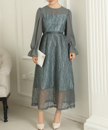 レース スパンコール ドッキング キャンディスリーブ ドレス