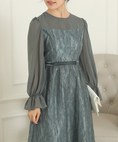 レース スパンコール ドッキング キャンディスリーブ ドレス