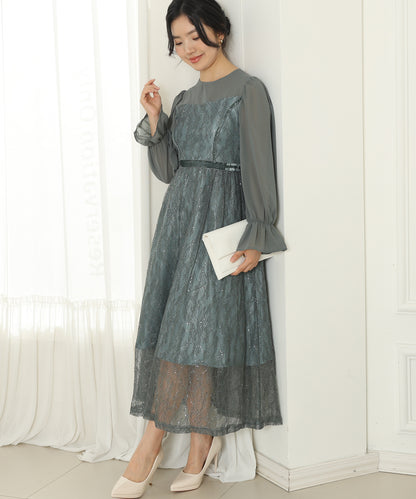 レース スパンコール ドッキング キャンディスリーブ ドレス