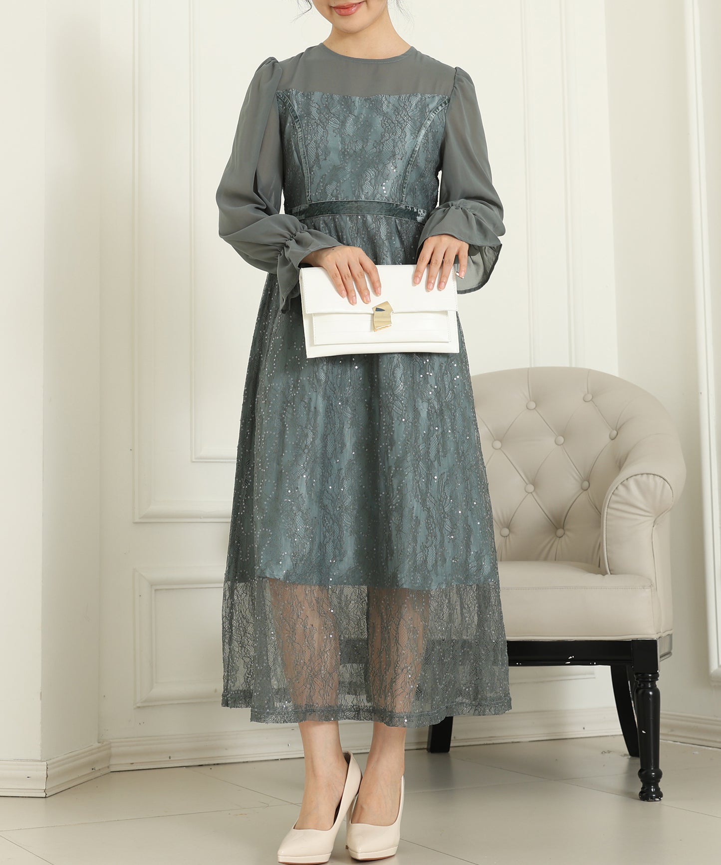 レース スパンコール ドッキング キャンディスリーブ ドレス