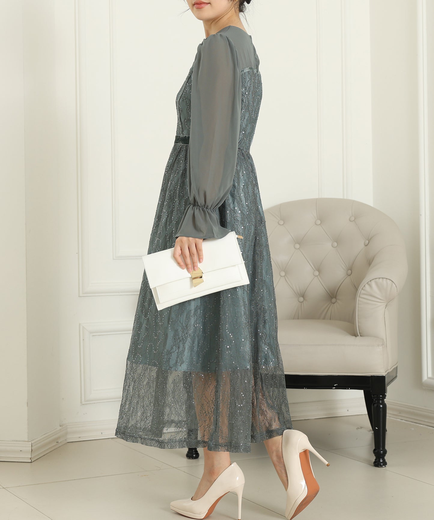 レース スパンコール ドッキング キャンディスリーブ ドレス