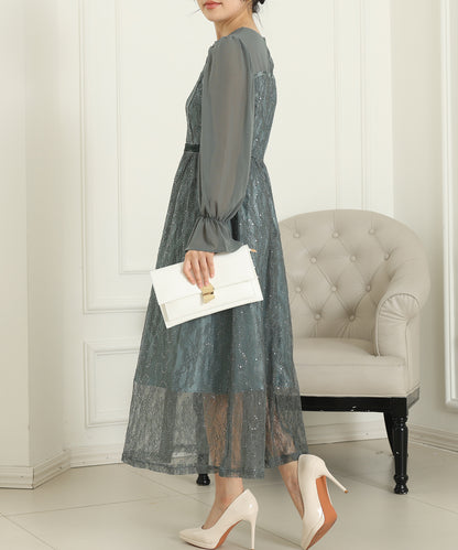 レース スパンコール ドッキング キャンディスリーブ ドレス