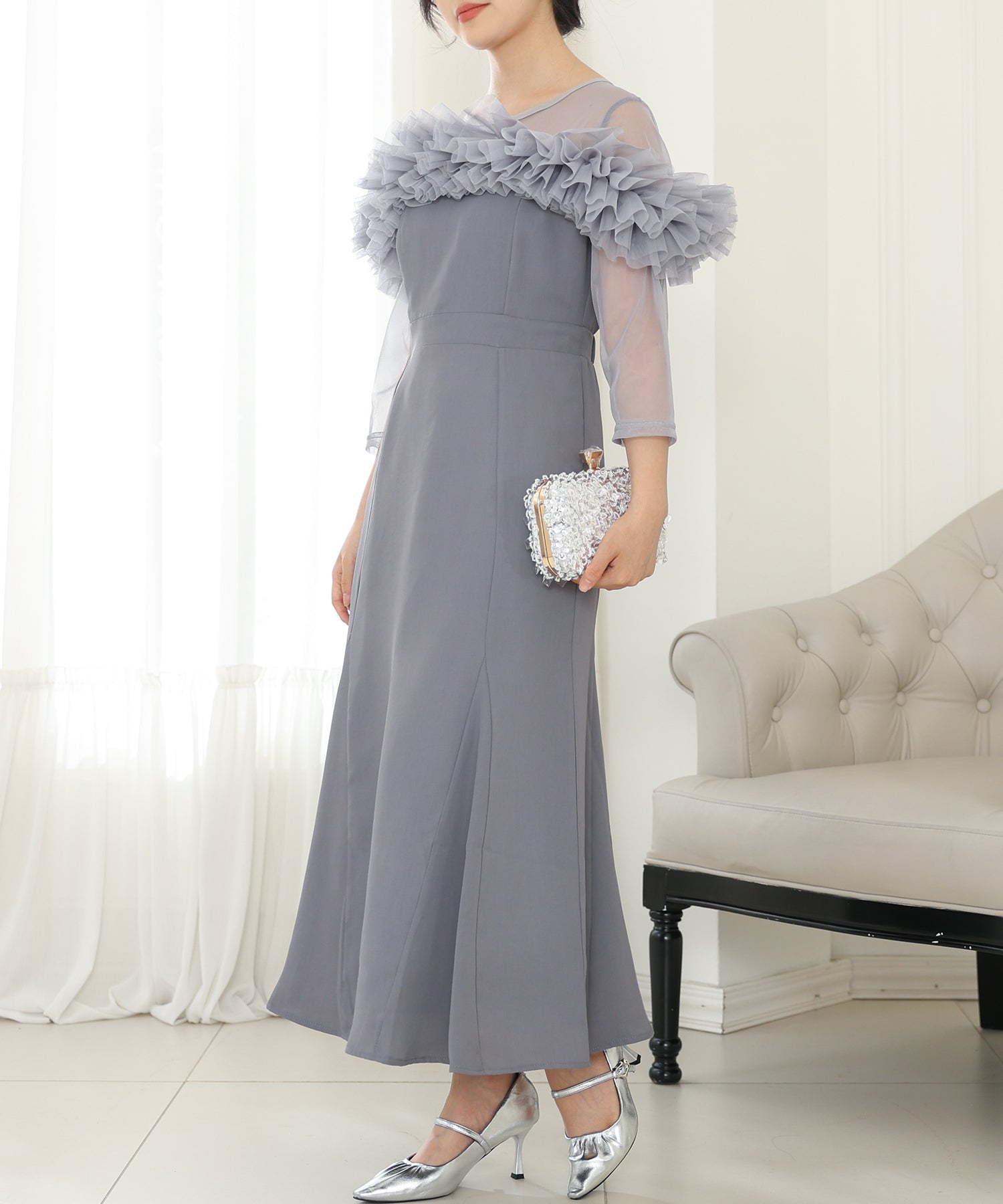 チュールフリル シアー 切り替え フレア ロング ドレス – Lace Ladies