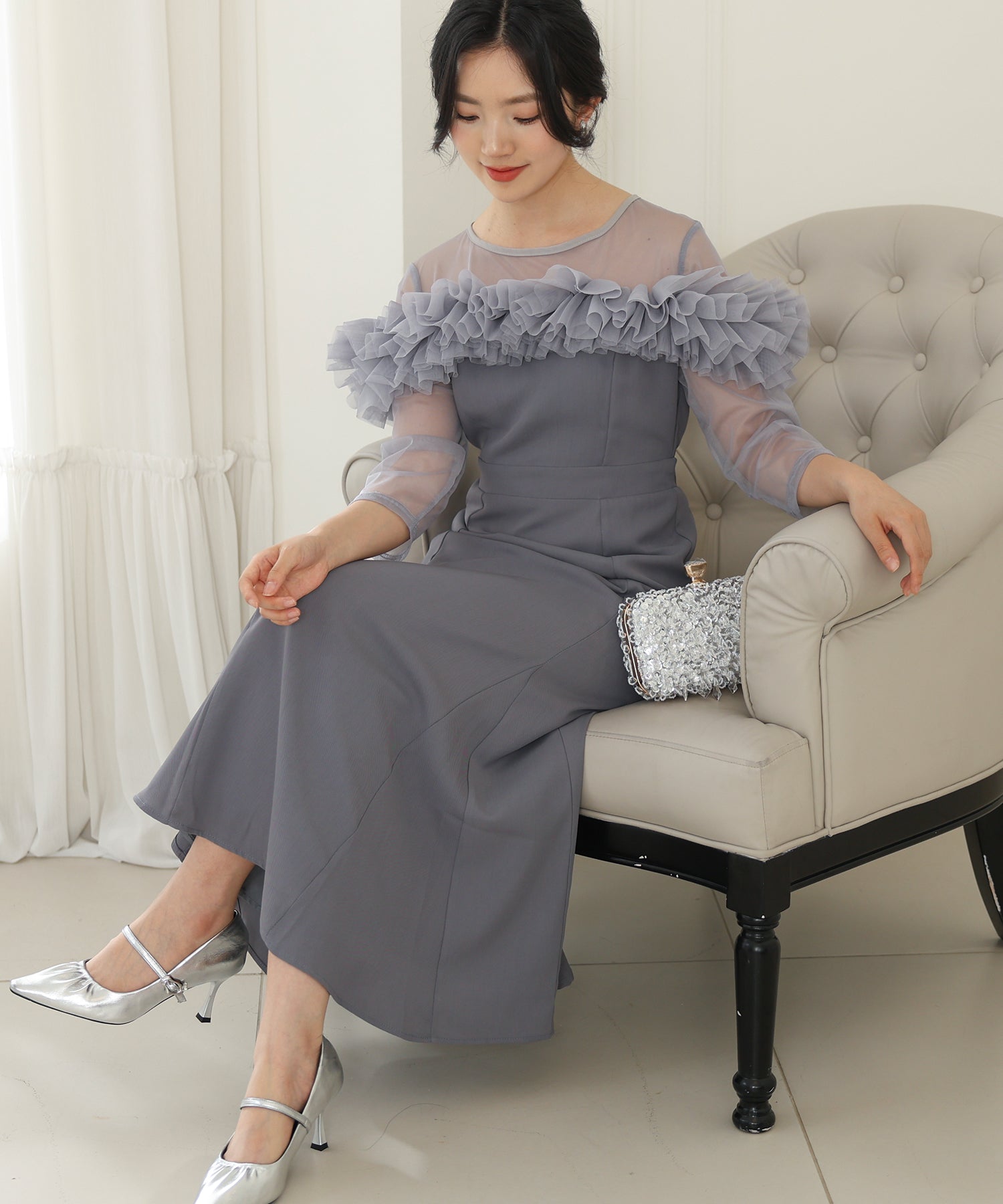 チュールフリル シアー 切り替え フレア ロング ドレス – Lace Ladies