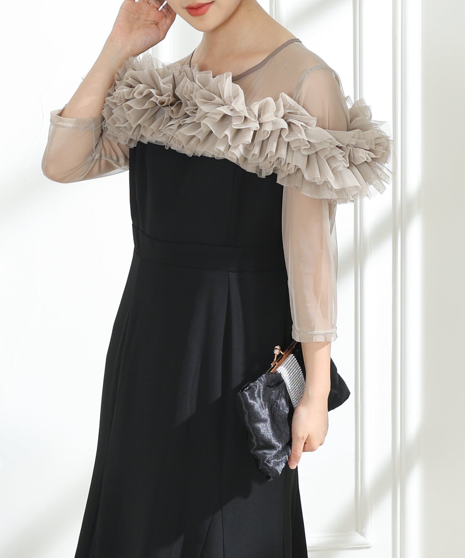 チュールフリル シアー 切り替え フレア ロング ドレス – Lace Ladies