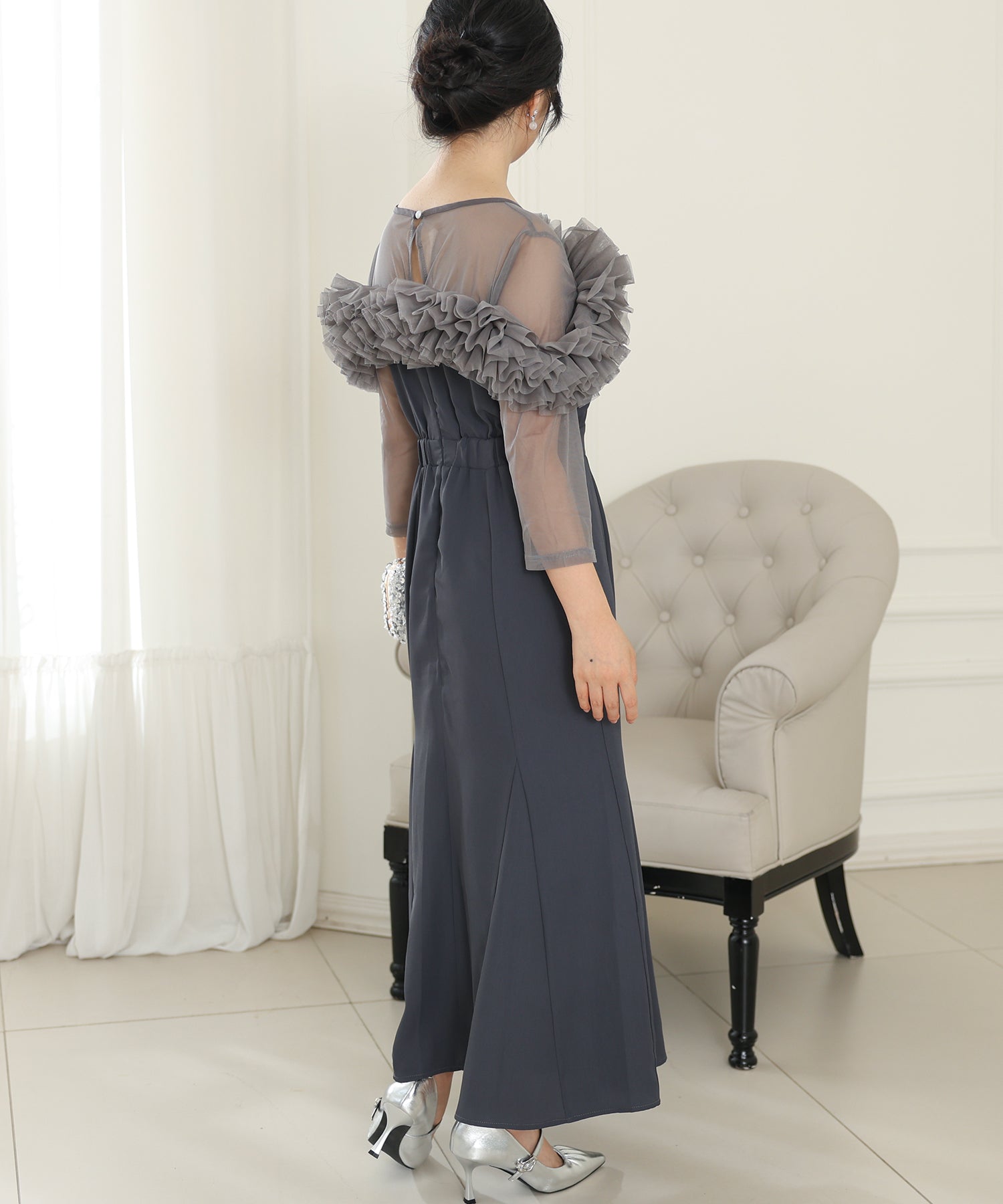 チュールフリル シアー 切り替え フレア ロング ドレス – Lace Ladies チュールフリル シアー 切り替え フレア ロング ドレス – Lace Ladies