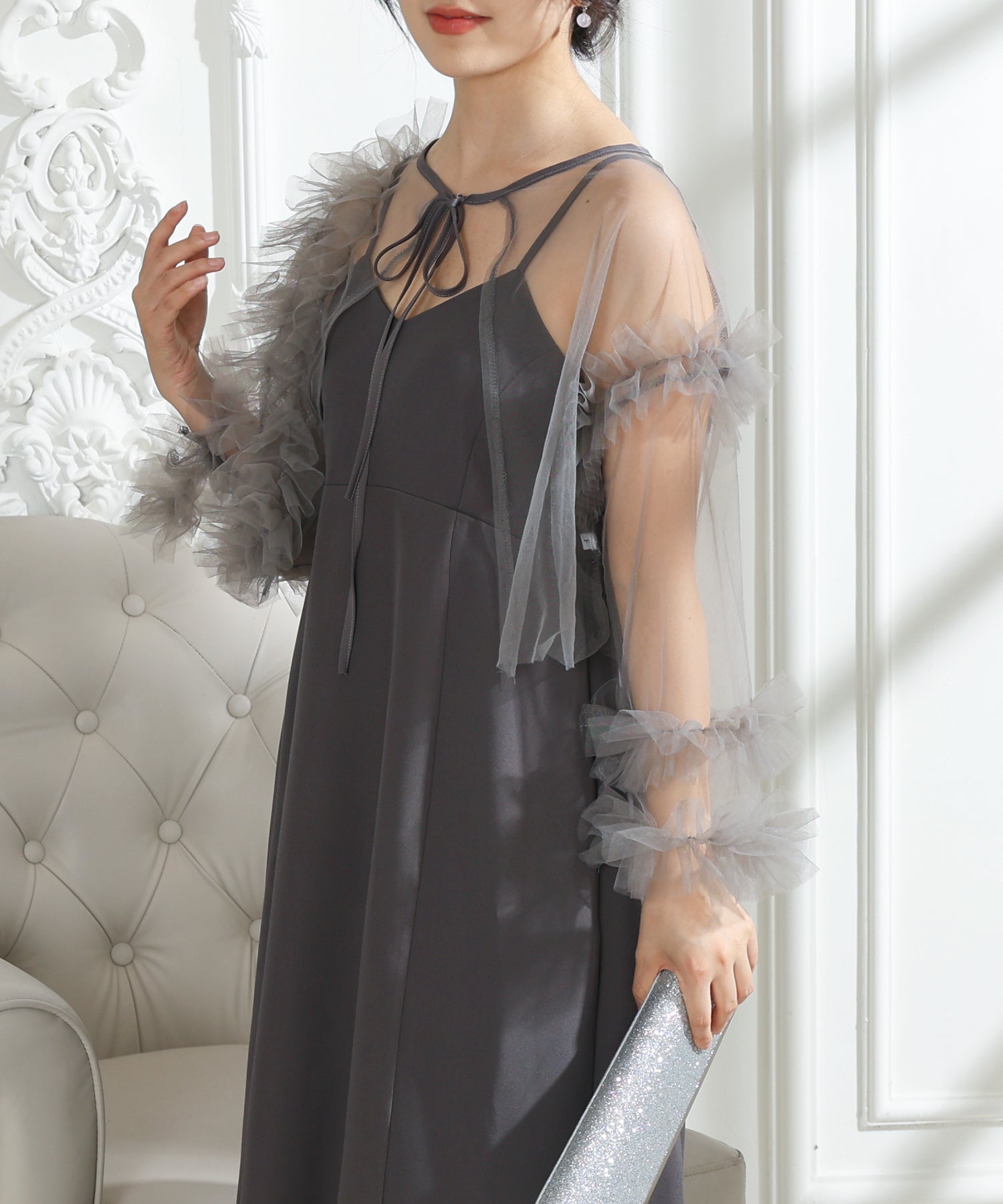 チュールフリル ケープ付き スリット キャミソール ドレス – Lace Ladies