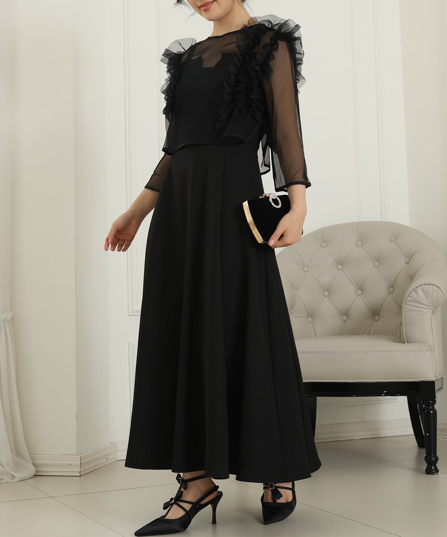 オーガンジー フリル レイヤード ロング ドレス