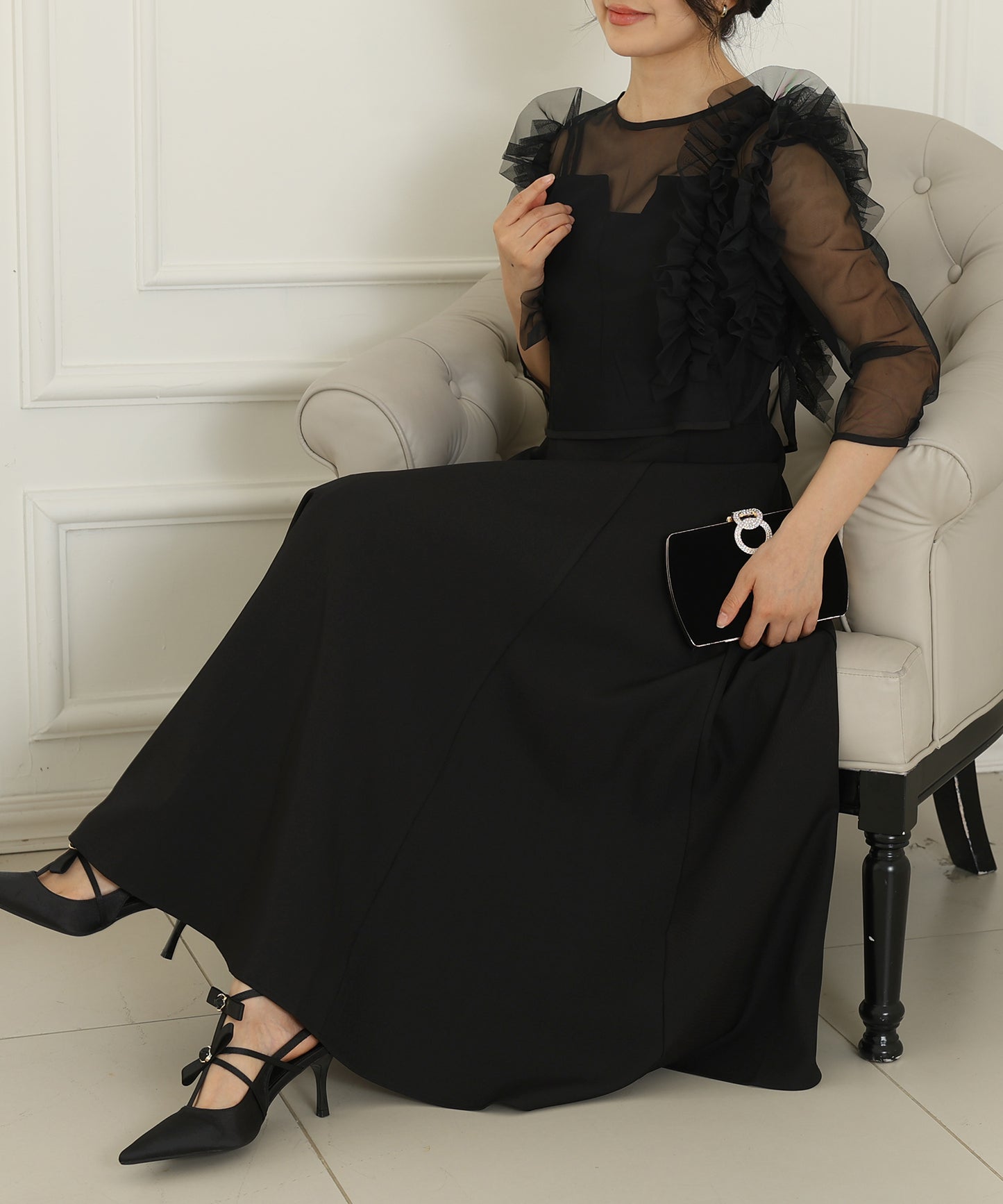 オーガンジー フリル レイヤード ロング ドレス