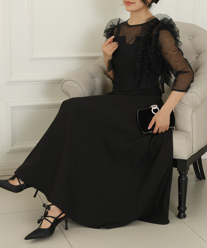 オーガンジー フリル レイヤード ロング ドレス