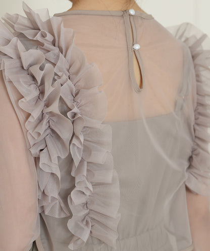 オーガンジー フリル レイヤード ロング ドレス