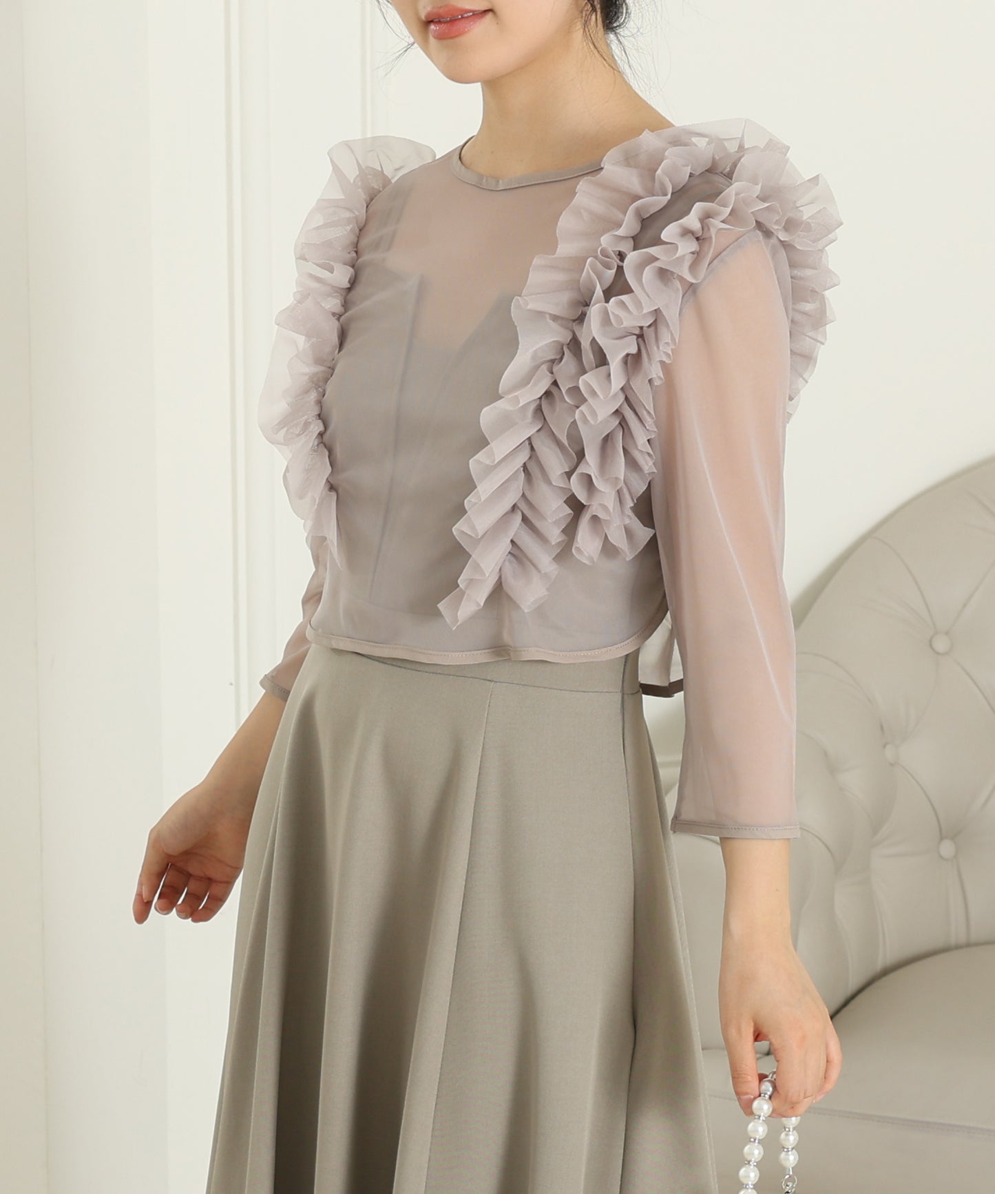 オーガンジー フリル レイヤード ロング ドレス