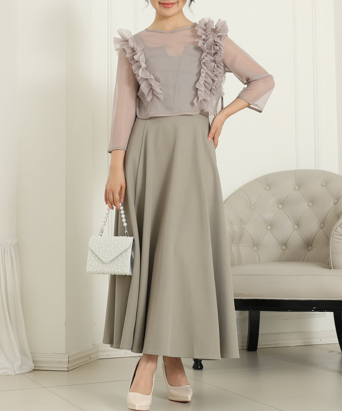 オーガンジー フリル レイヤード ロング ドレス