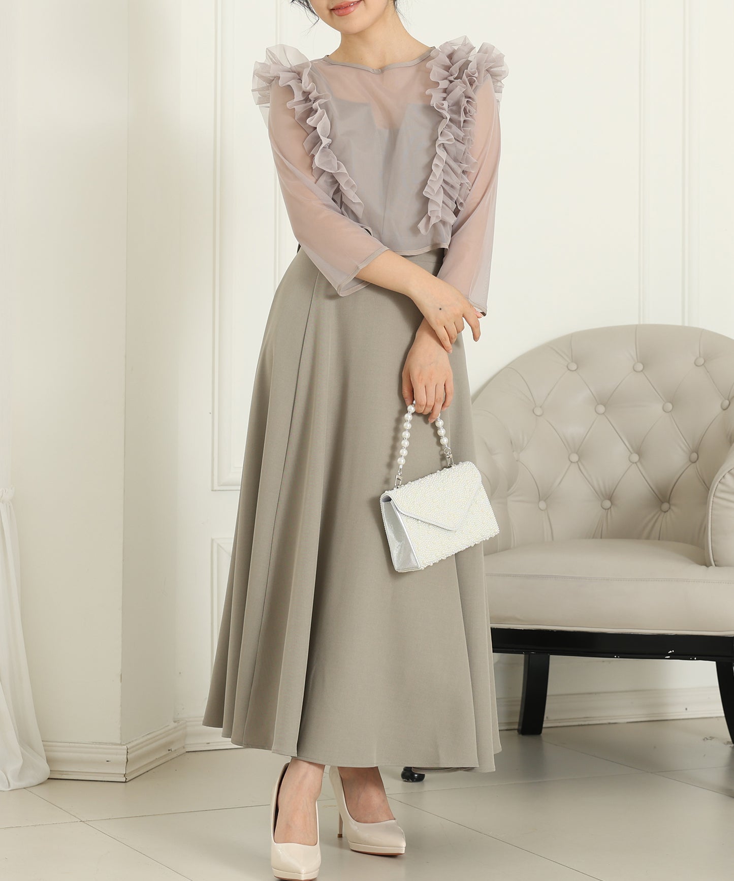 オーガンジー フリル レイヤード ロング ドレス