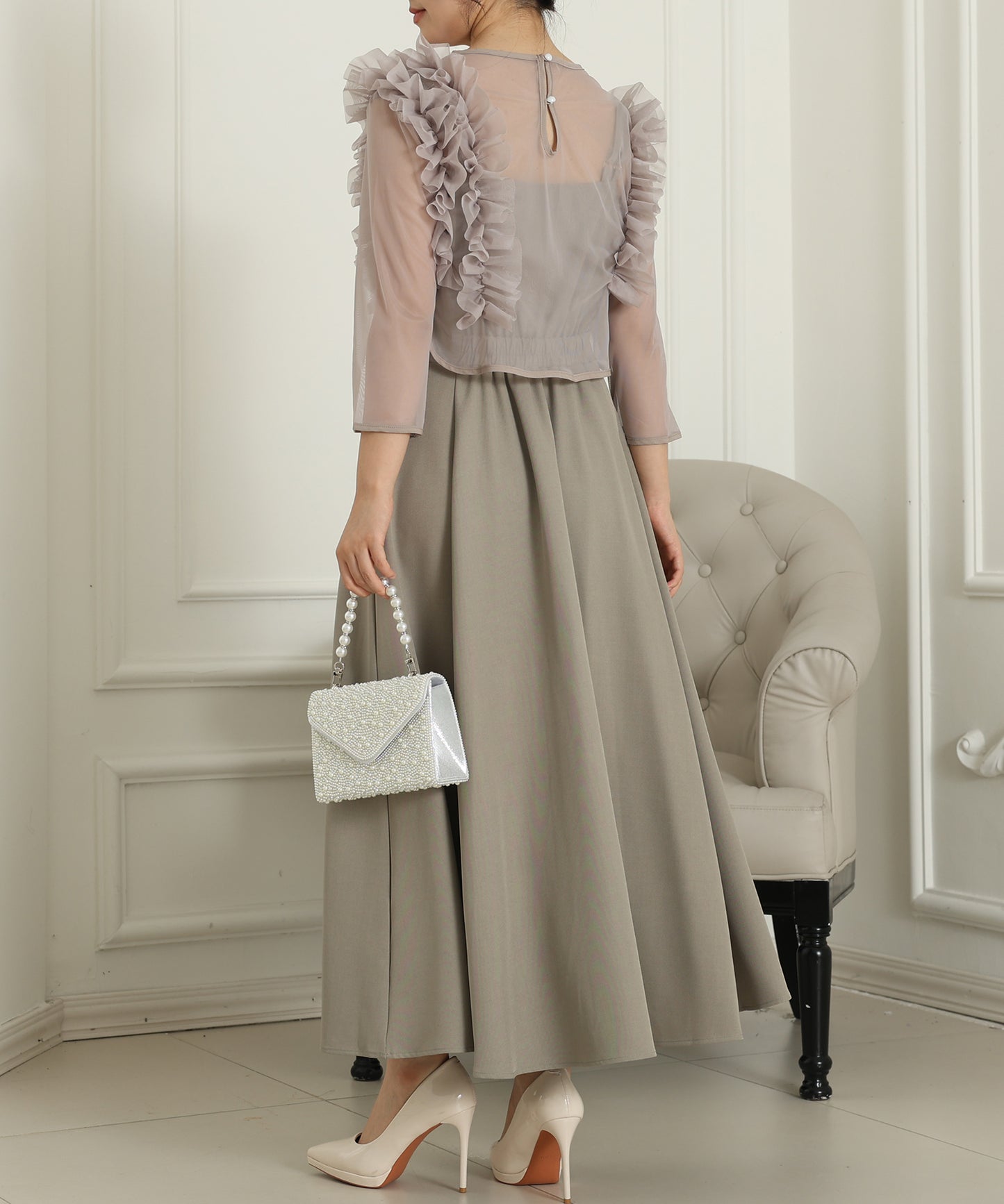 オーガンジー フリル レイヤード ロング ドレス