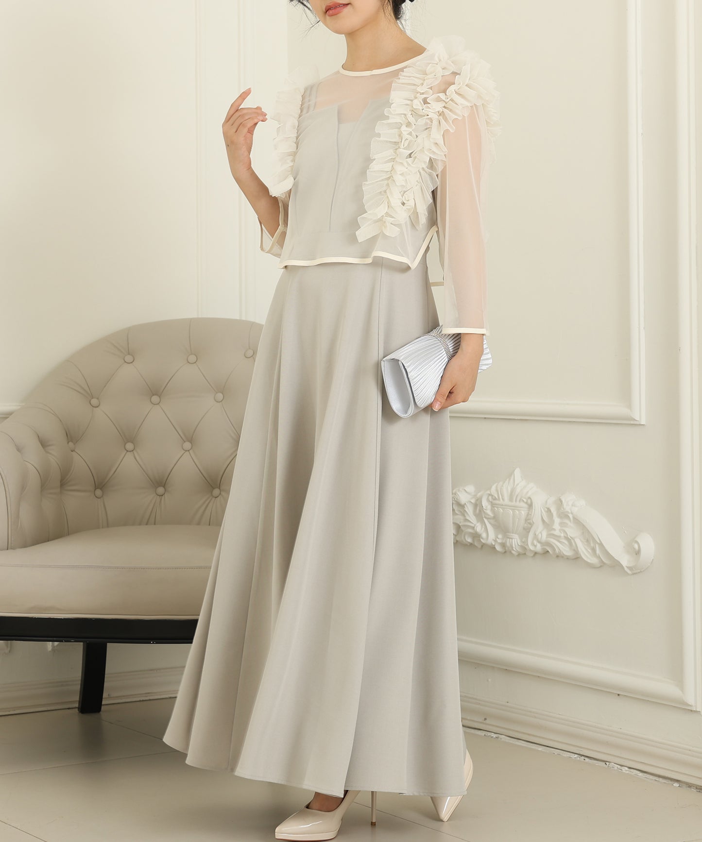 オーガンジー フリル レイヤード ロング ドレス