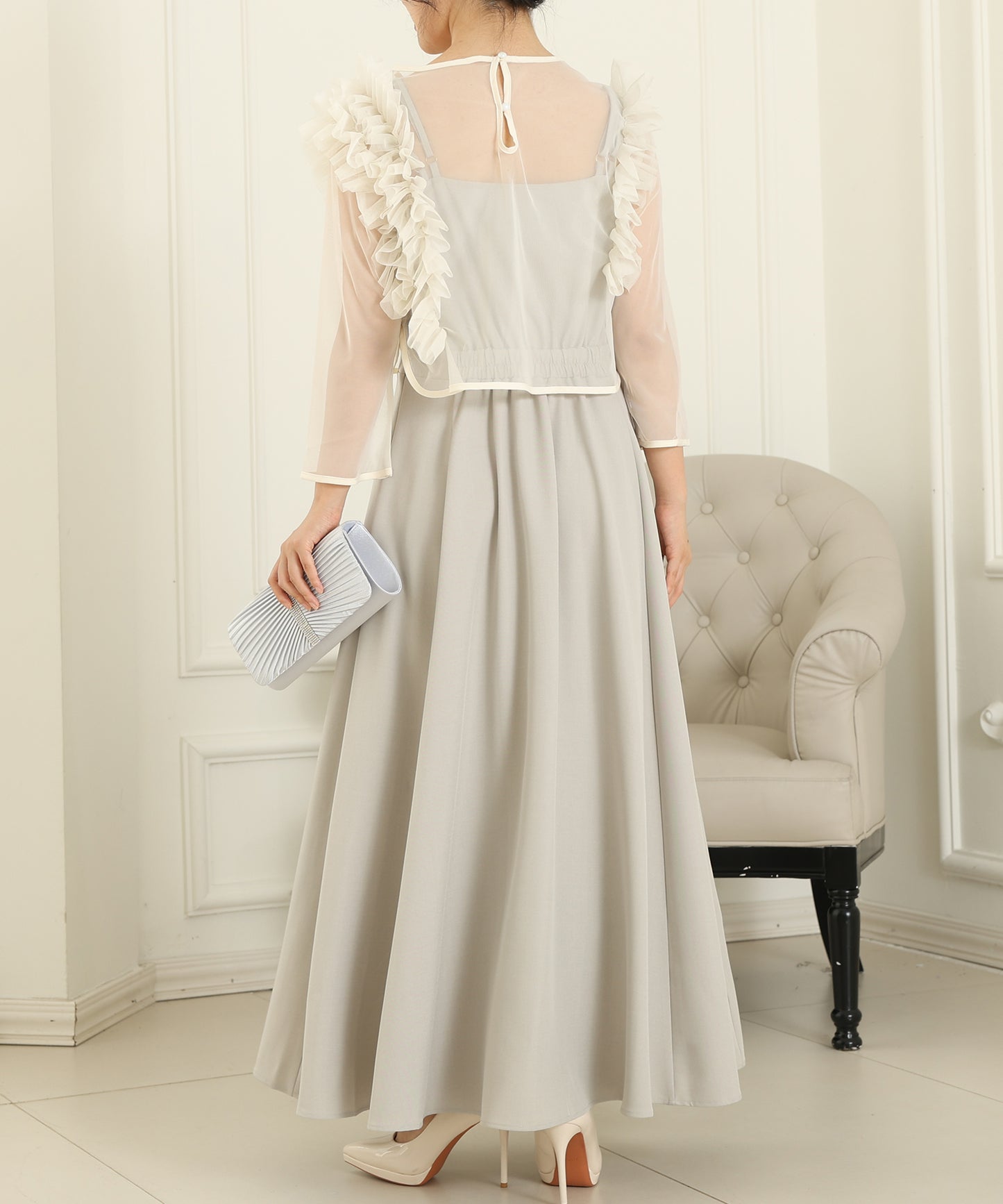 オーガンジー フリル レイヤード ロング ドレス