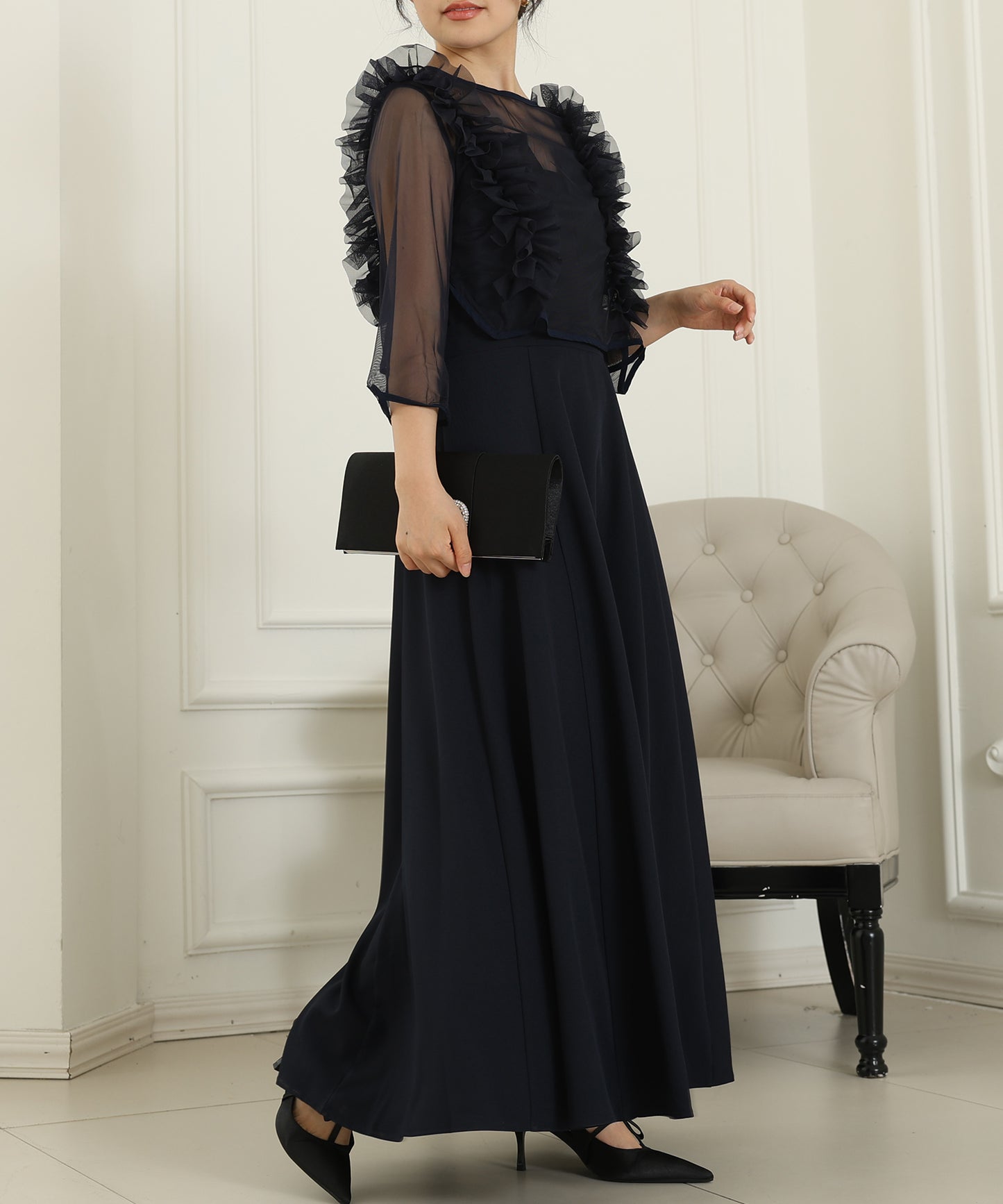 オーガンジー フリル レイヤード ロング ドレス