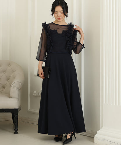 オーガンジー フリル レイヤード ロング ドレス