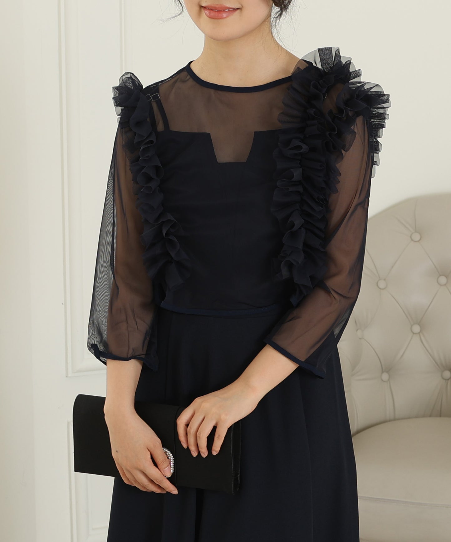 オーガンジー フリル レイヤード ロング ドレス