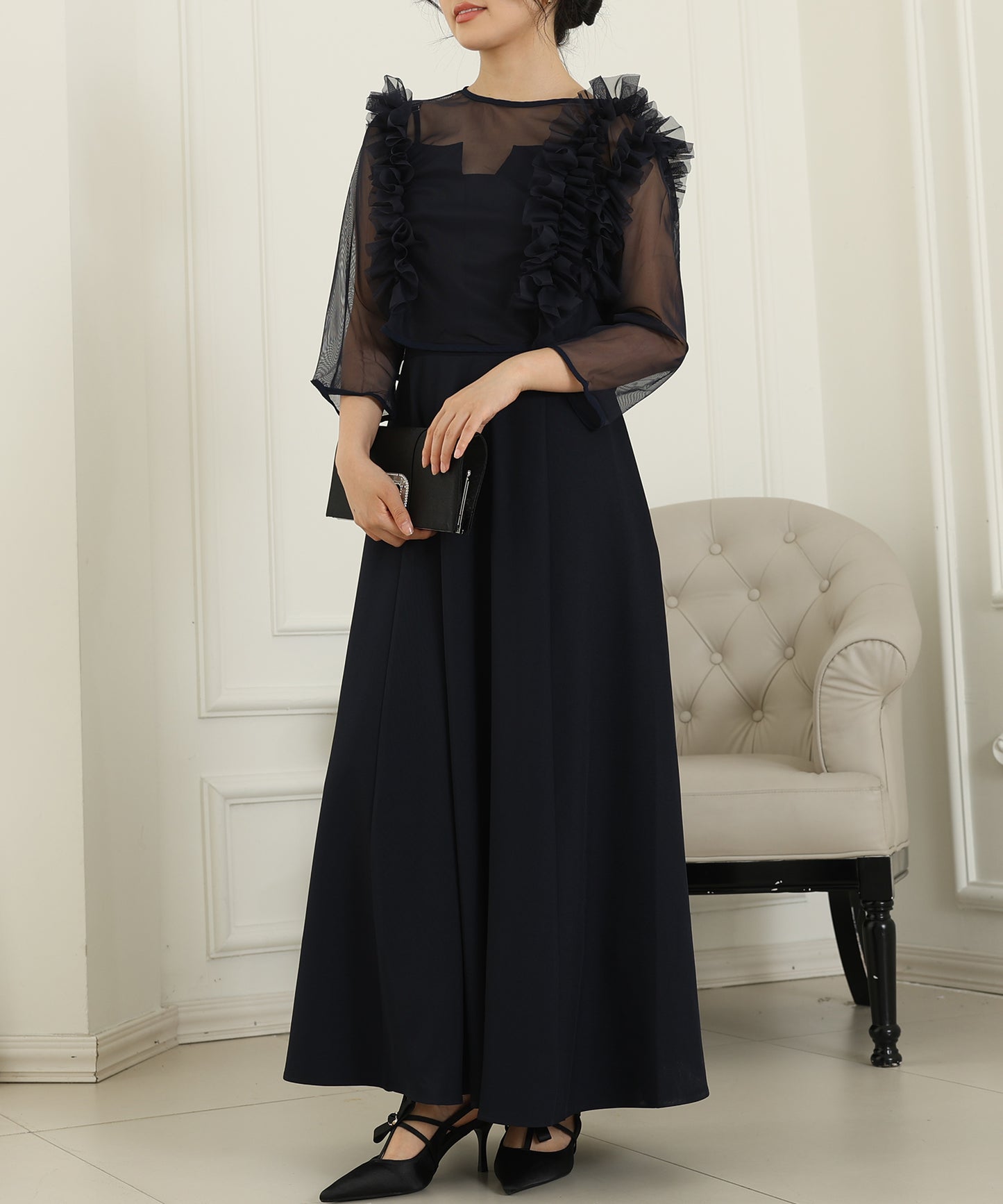 オーガンジー フリル レイヤード ロング ドレス