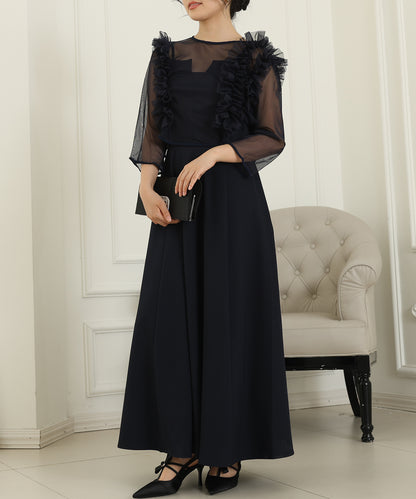 オーガンジー フリル レイヤード ロング ドレス