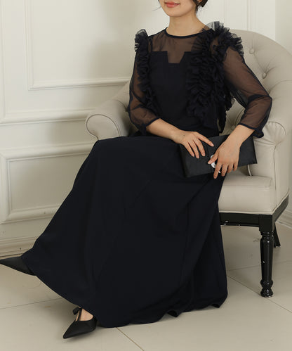 オーガンジー フリル レイヤード ロング ドレス