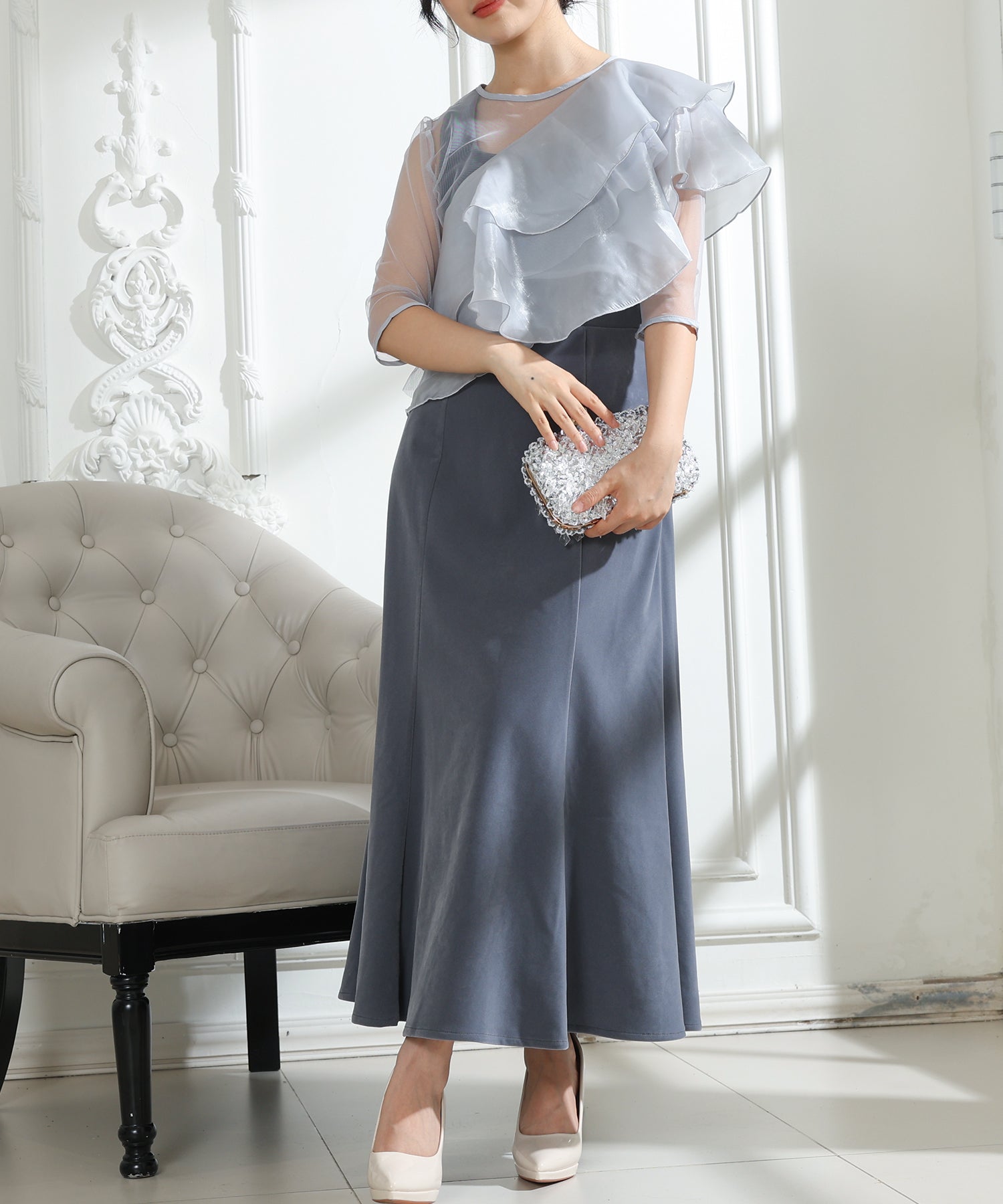 ベロア シアー フリルケープ付き ノースリーブ ドレス 3点セット