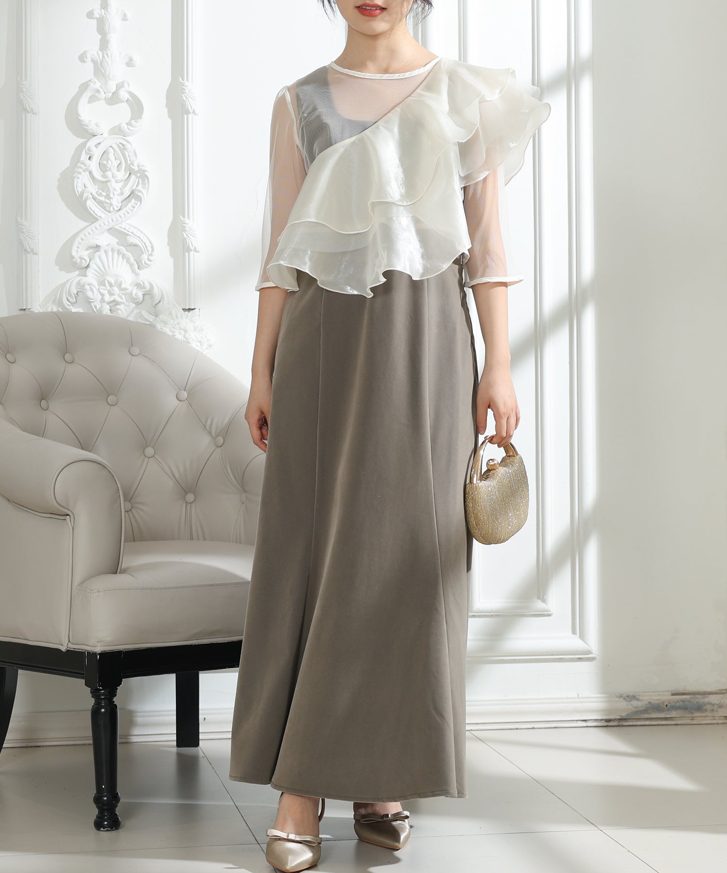 ベロア シアー フリルケープ付き ノースリーブ ドレス 3点セット