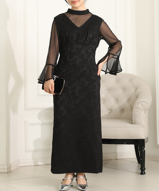 ボタニカル柄 ジャガード シアー レイヤード ロング ドレス