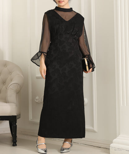 ボタニカル柄 ジャガード シアー レイヤード ロング ドレス