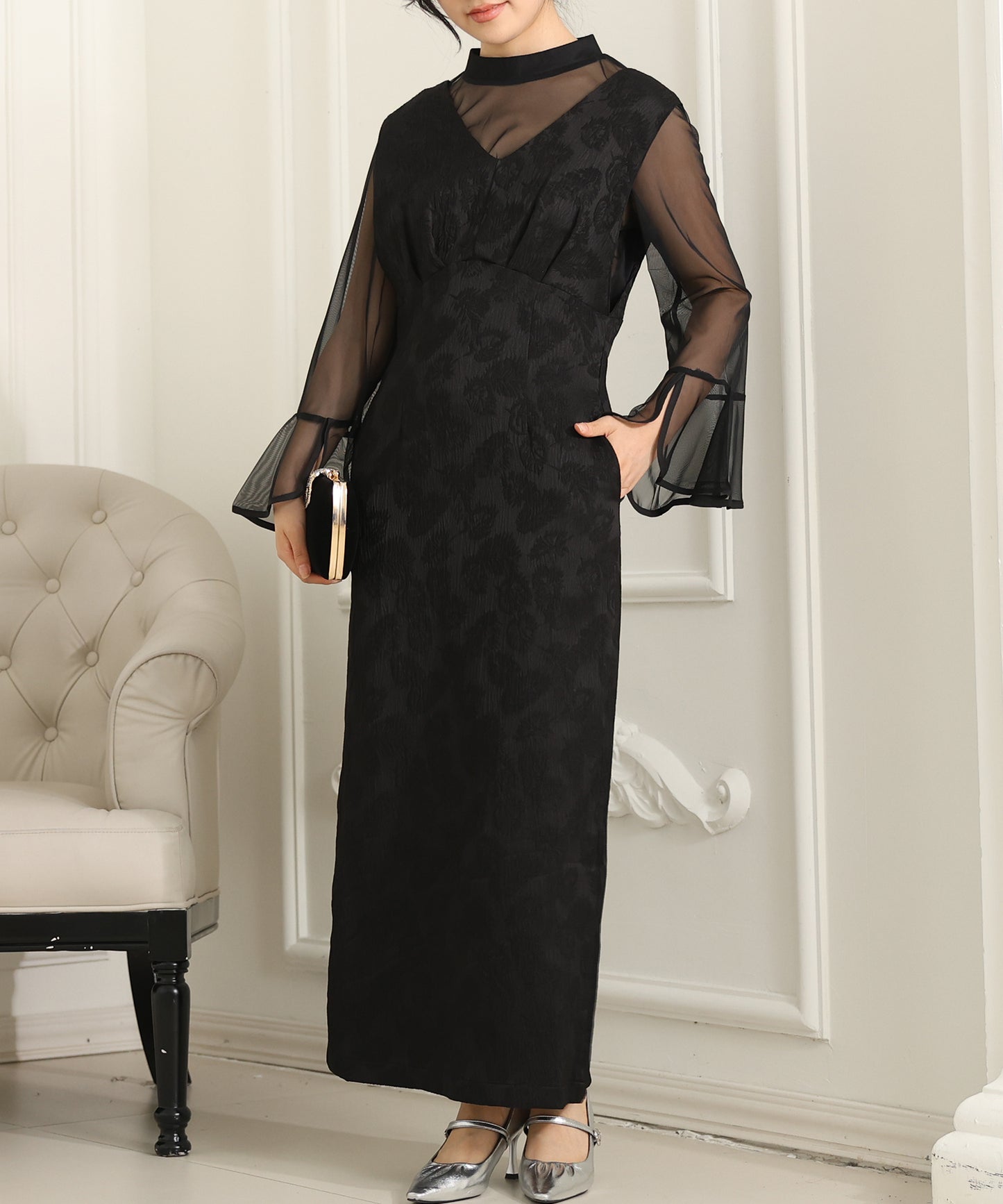 ボタニカル柄 ジャガード シアー レイヤード ロング ドレス