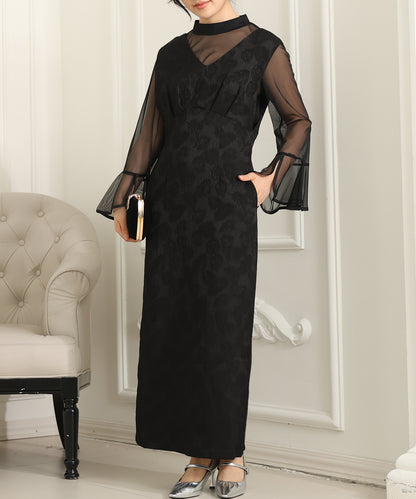 ボタニカル柄 ジャガード シアー レイヤード ロング ドレス